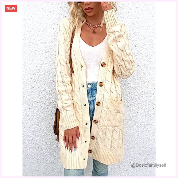 Women's Cable Knit Cardigan Sweater Open Front Loose Fit Long Sleeve with Pocket - Picture 3 of 7